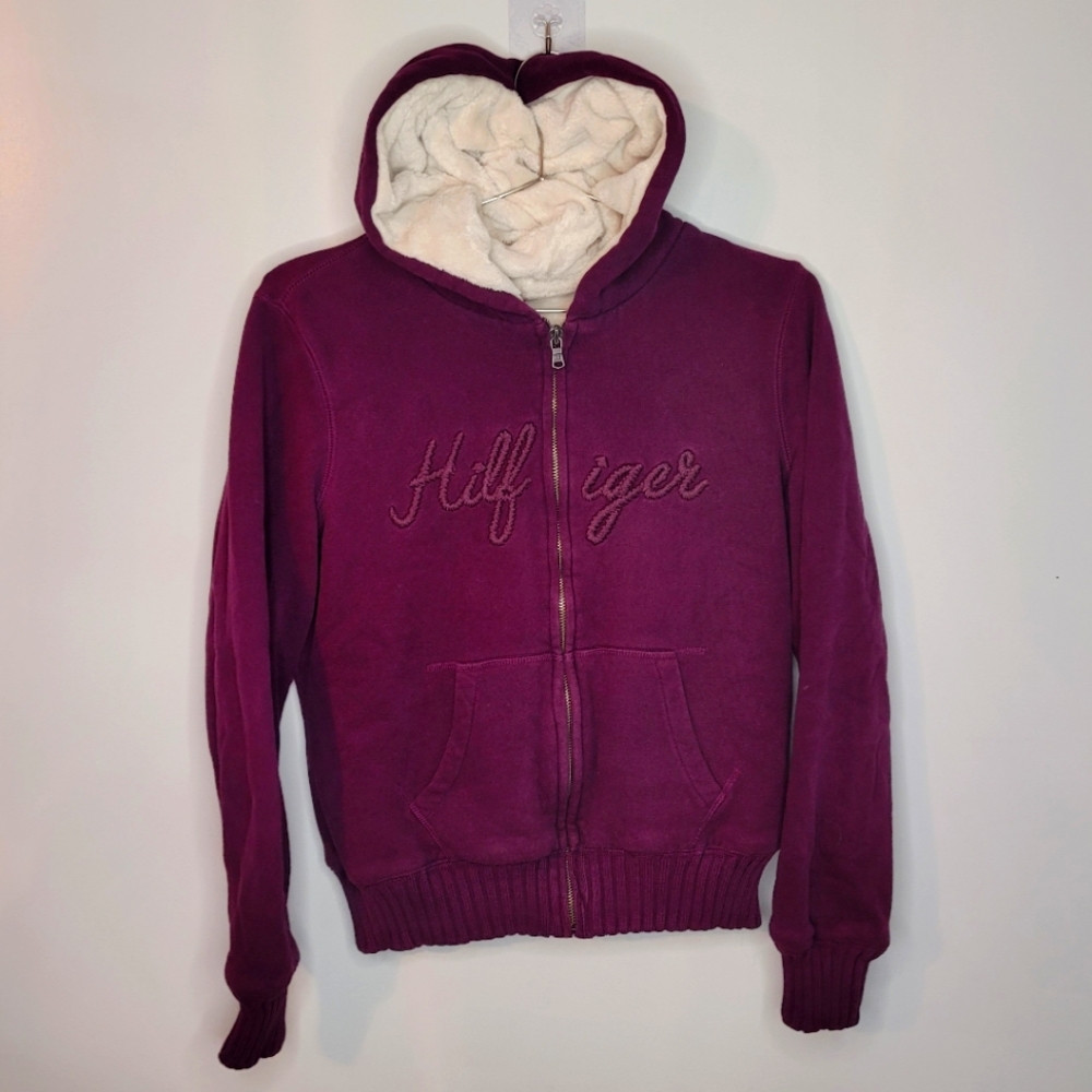 Tommy Hilfiger | Plum and White Fuzzy Zip-up Hoodie